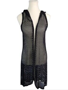 SJS Black Mesh Hooded Open Front Vest Cover Up Size L Sleeveless Fishnet Duster